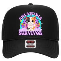 Chlamydia Survivor Funny Cat Sarcastic Inappropriate High Crown Mesh Back Trucker Hat