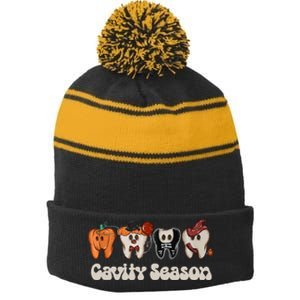 Cavity Season Funny Dental Halloween Teeth Dentist Stripe Pom Pom Beanie