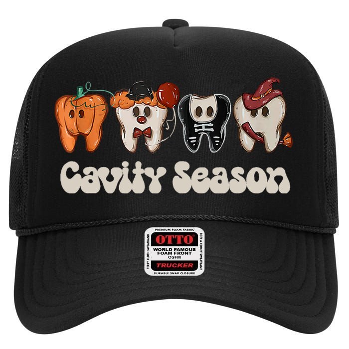 Cavity Season Funny Dental Halloween Teeth Dentist High Crown Mesh Back Trucker Hat