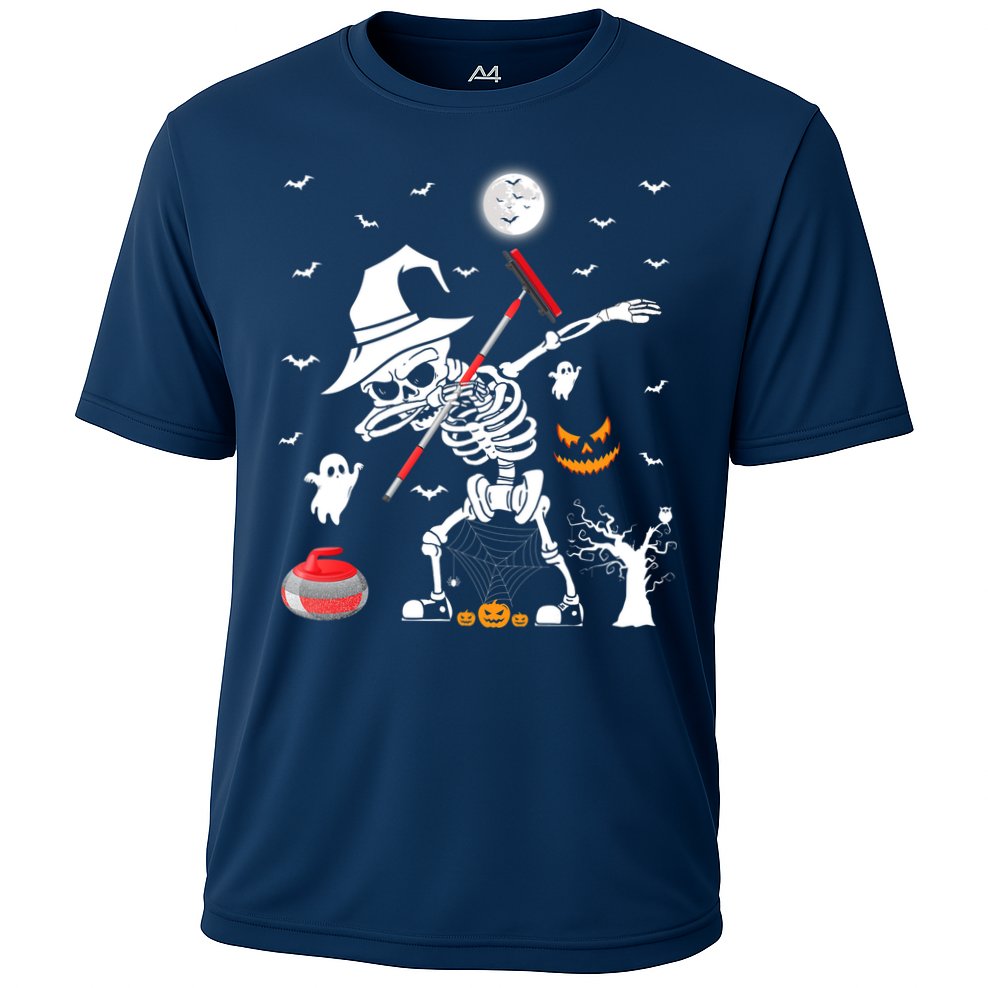 Curling Sports Funny Skeleton Dabbing Curling Halloween Cooling Performance Crew T-Shirt