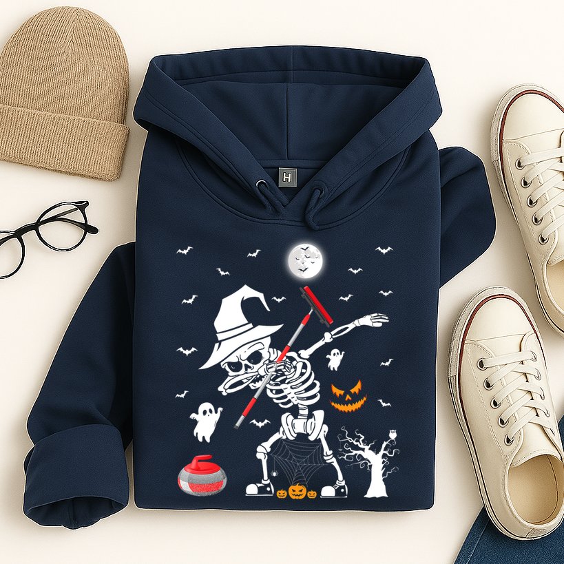 Curling Sports Funny Skeleton Dabbing Curling Halloween Hoodie