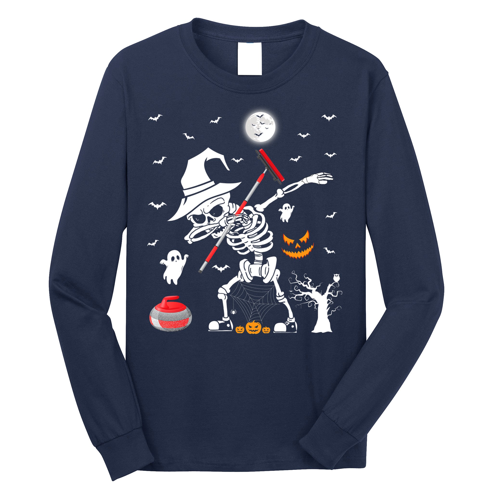 Curling Sports Funny Skeleton Dabbing Curling Halloween Long Sleeve Shirt