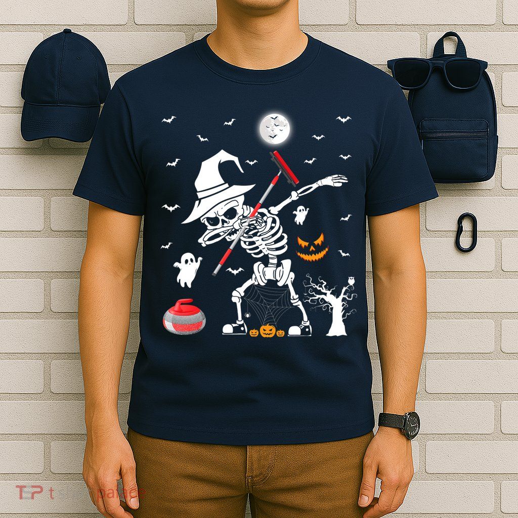 Curling Sports Funny Skeleton Dabbing Curling Halloween T-Shirt