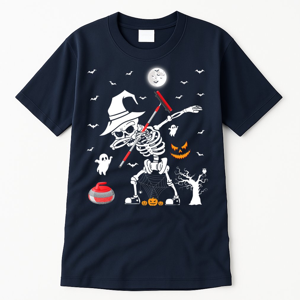 Curling Sports Funny Skeleton Dabbing Curling Halloween Tall T-Shirt
