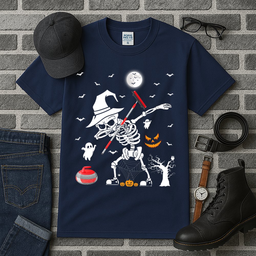 Curling Sports Funny Skeleton Dabbing Curling Halloween Tall T-Shirt