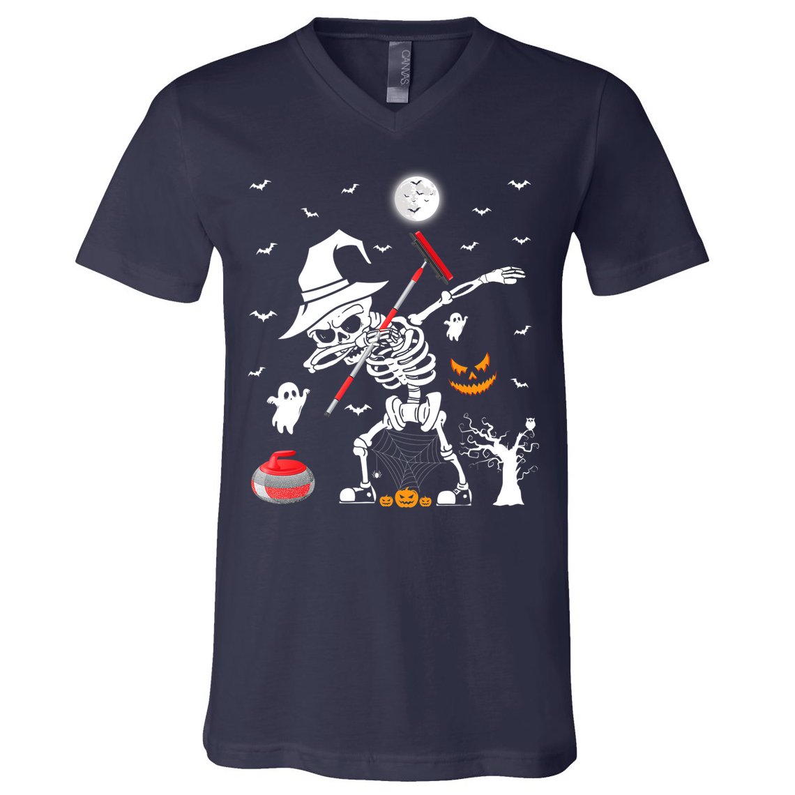 Curling Sports Funny Skeleton Dabbing Curling Halloween V-Neck T-Shirt