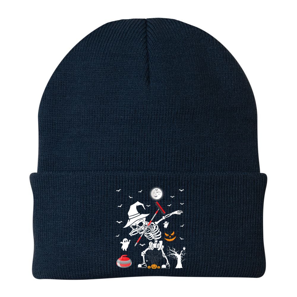 Curling Sports Funny Skeleton Dabbing Curling Halloween Beanie