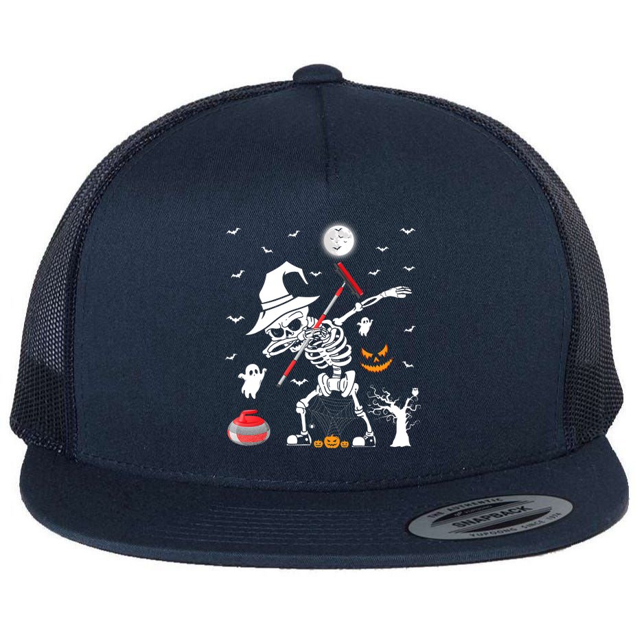 Curling Sports Funny Skeleton Dabbing Curling Halloween Flat Bill Trucker Hat