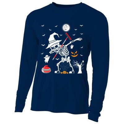 Curling Sports Funny Skeleton Dabbing Curling Halloween Cooling Performance Long Sleeve Crew