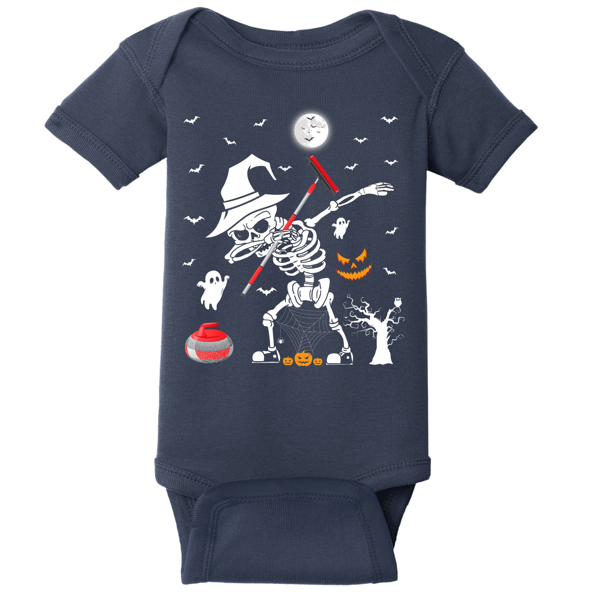 Curling Sports Funny Skeleton Dabbing Curling Halloween Baby Bodysuit