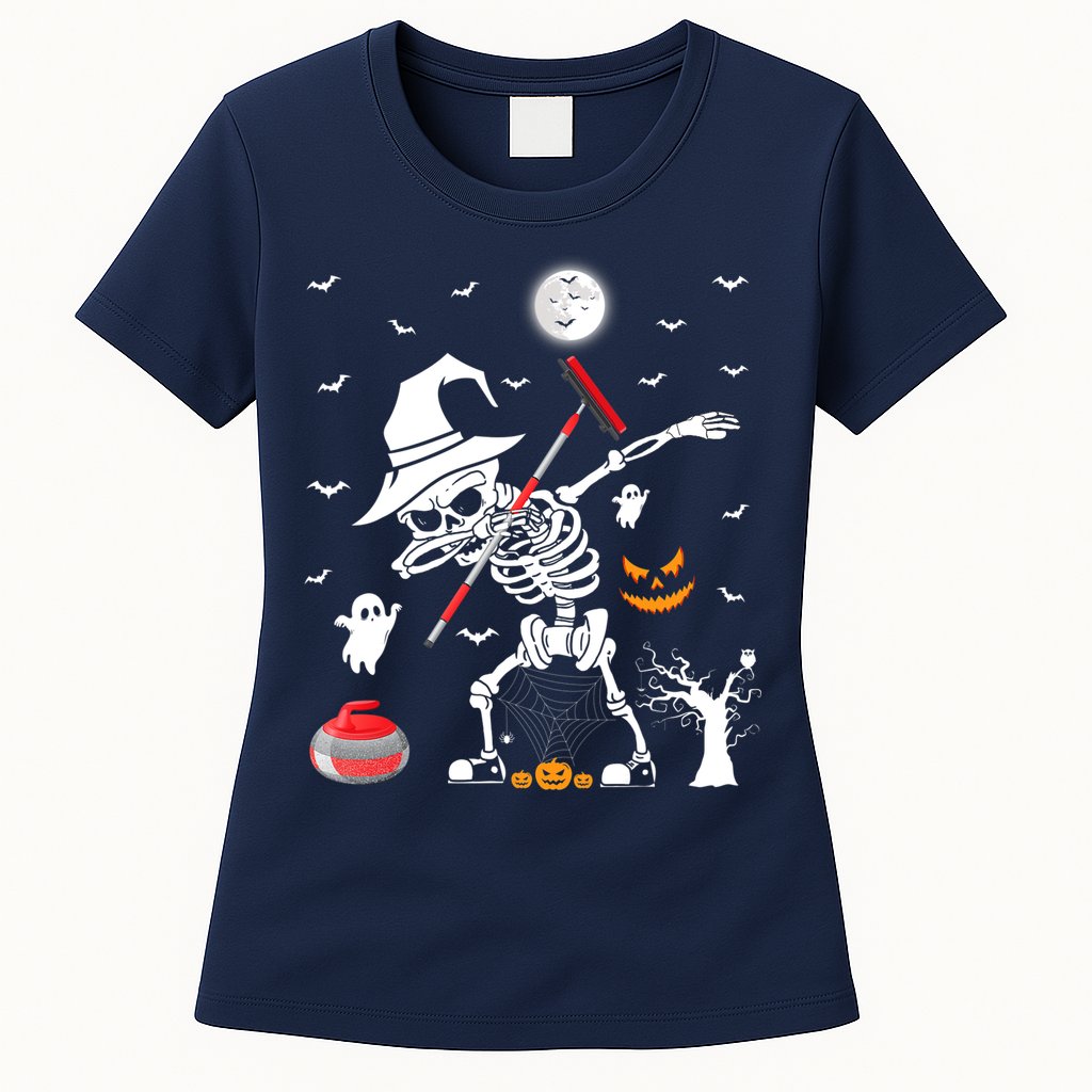 Curling Sports Funny Skeleton Dabbing Curling Halloween Womens T-Shirt