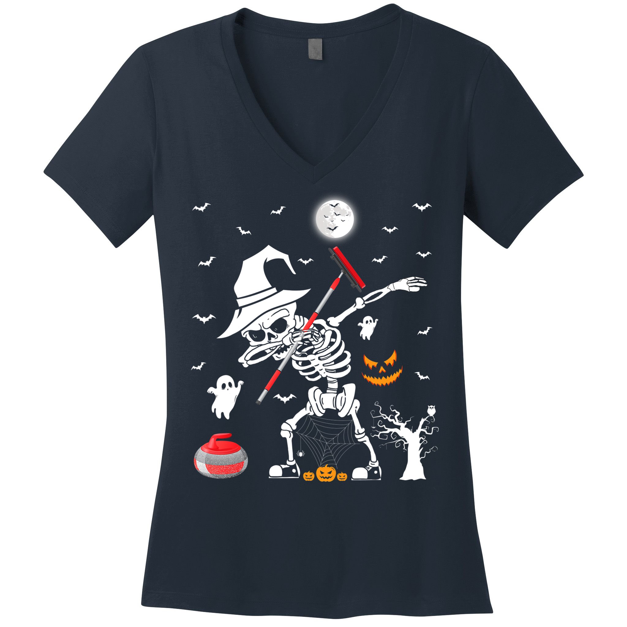 Curling Sports Funny Skeleton Dabbing Curling Halloween Women's V-Neck T-Shirt