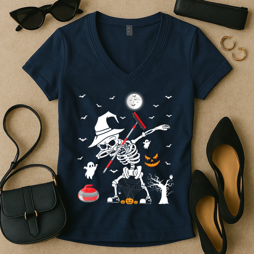 Curling Sports Funny Skeleton Dabbing Curling Halloween Women's V-Neck T-Shirt