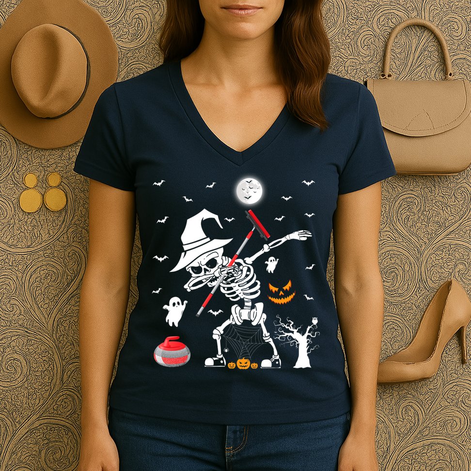 Curling Sports Funny Skeleton Dabbing Curling Halloween Women's V-Neck T-Shirt