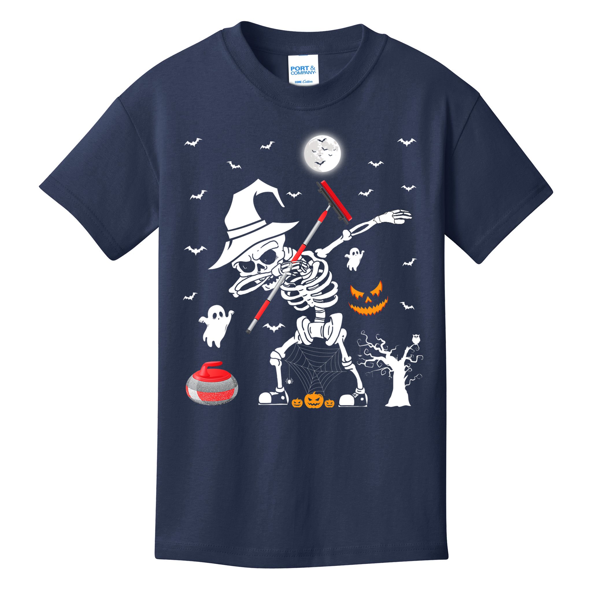 Curling Sports Funny Skeleton Dabbing Curling Halloween Kids T-Shirt
