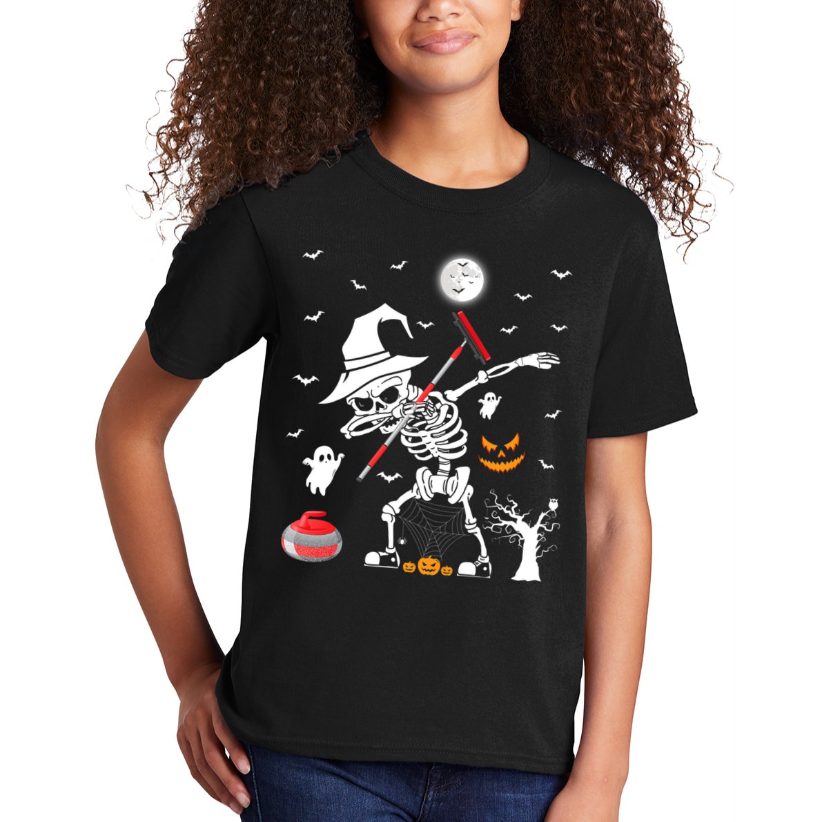 Curling Sports Funny Skeleton Dabbing Curling Halloween Kids T-Shirt