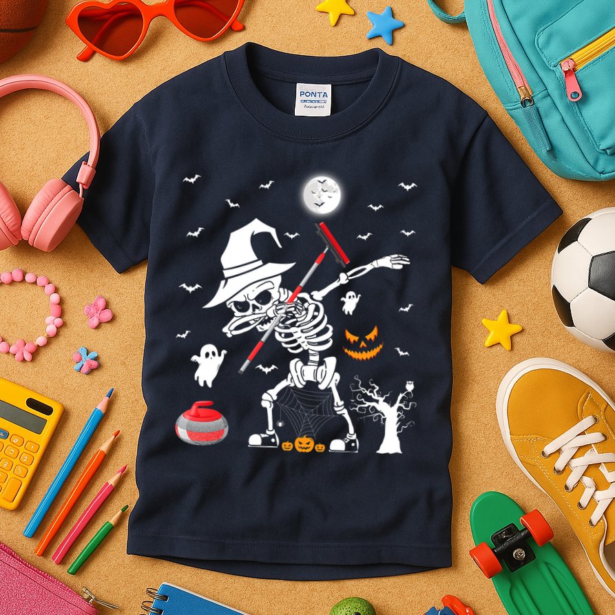 Curling Sports Funny Skeleton Dabbing Curling Halloween Kids T-Shirt