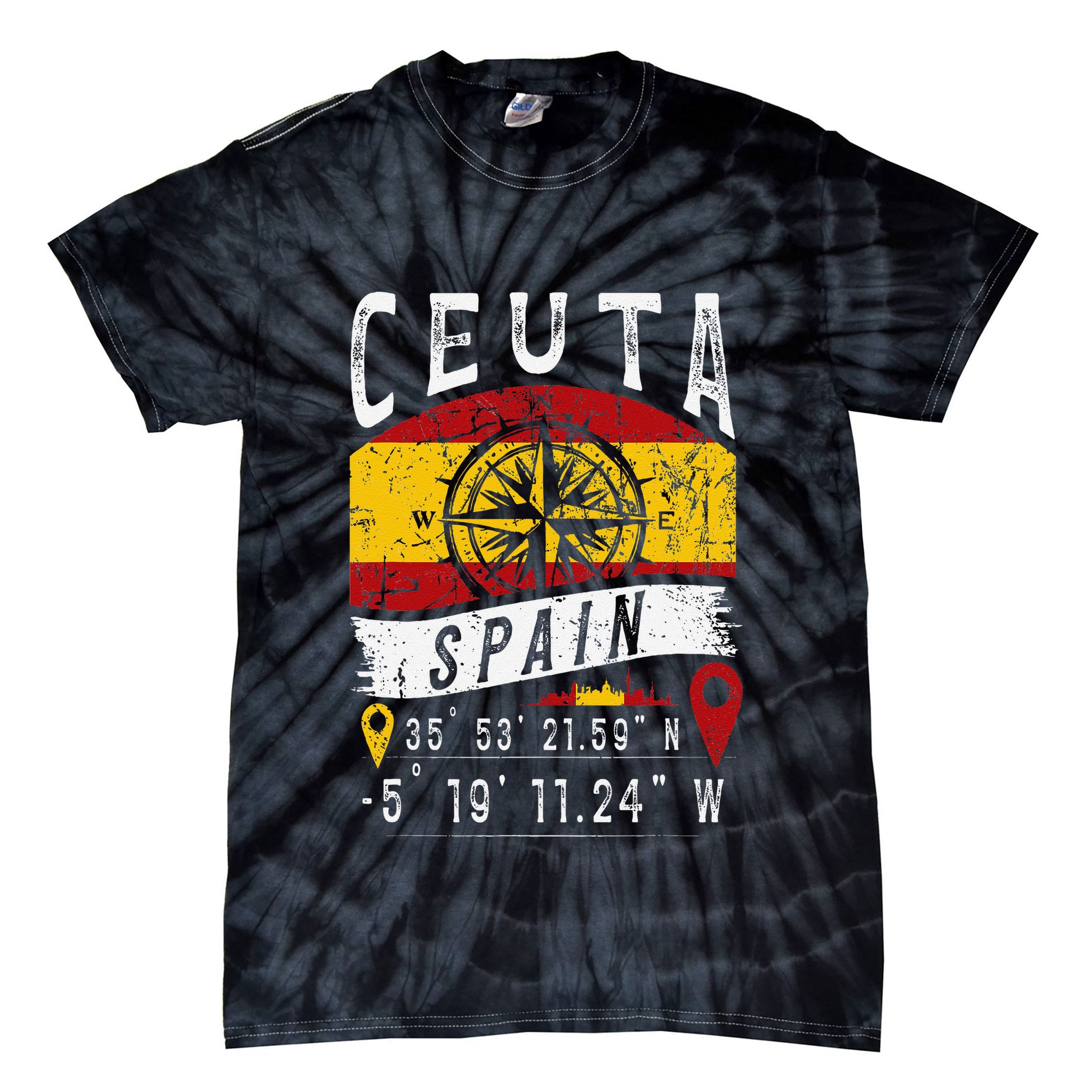 Ceuta Spain Flag Gps Coordinates Of Ceuta Tie-Dye T-Shirt