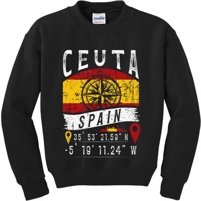 Ceuta Spain Flag Gps Coordinates Of Ceuta Kids Sweatshirt