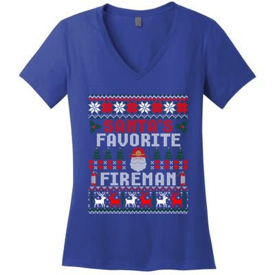 Christmas Santas Favorite Fire Firefighter Ugly Sweater Cute Gift Women's V-Neck T-Shirt