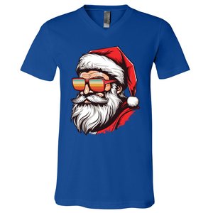 Christmas Santa Face Retro Sunglasses Xmas Gift V-Neck T-Shirt