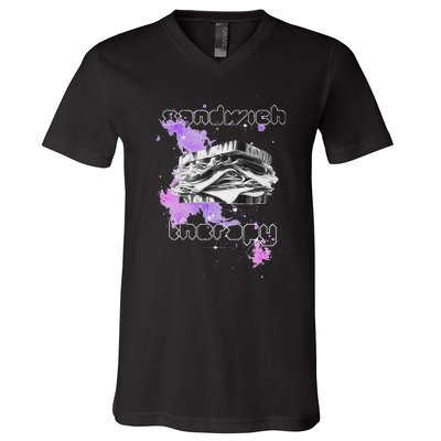 Cosmic Space Food Sandwich In Retro Vintage Galaxy Nebula V-Neck T-Shirt