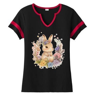 Cute Springtime Floral Baby Bunny Rabbit Ladies Halftime Notch Neck Tee