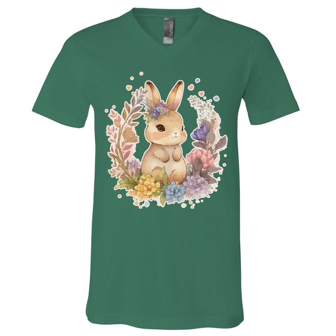 Cute Springtime Floral Baby Bunny Rabbit V-Neck T-Shirt