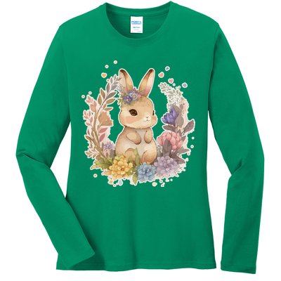 Cute Springtime Floral Baby Bunny Rabbit Ladies Long Sleeve Shirt