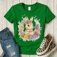 Cute Springtime Floral Baby Bunny Rabbit Womens T-Shirt