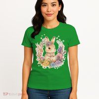 Cute Springtime Floral Baby Bunny Rabbit Womens T-Shirt