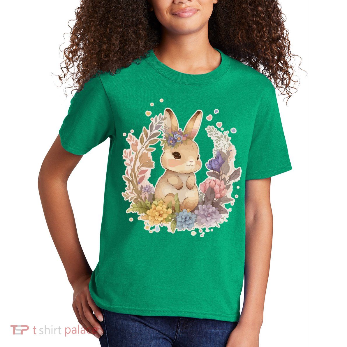 Cute Springtime Floral Baby Bunny Rabbit Kids T-Shirt