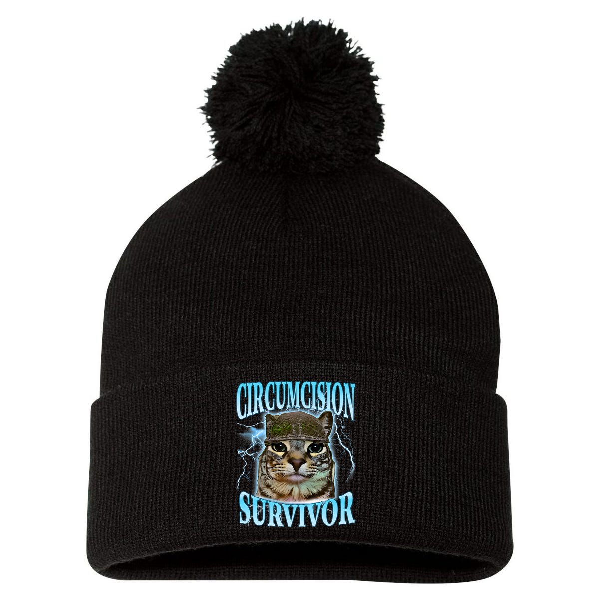Circumcision Survivor Funny Oddly Specific Cat Meme Cats Pom Pom 12in Knit Beanie
