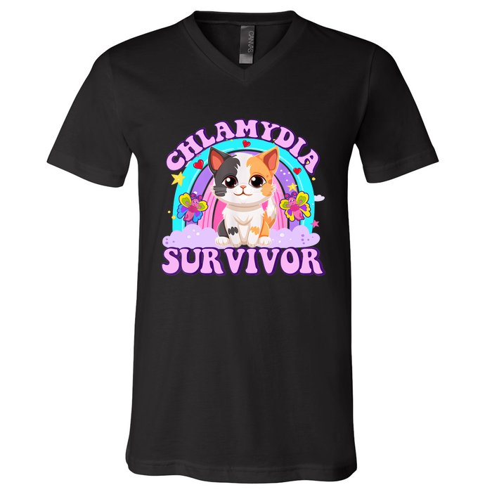 Chlamydia Survivor Funny Cat Sarcastic Inappropriate V-Neck T-Shirt