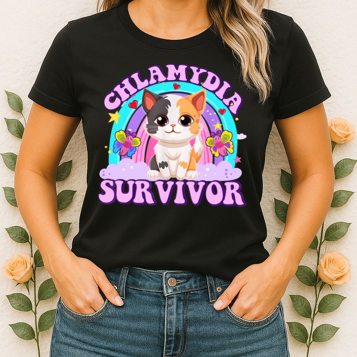 Chlamydia Survivor Funny Cat Sarcastic Inappropriate Womens T-Shirt