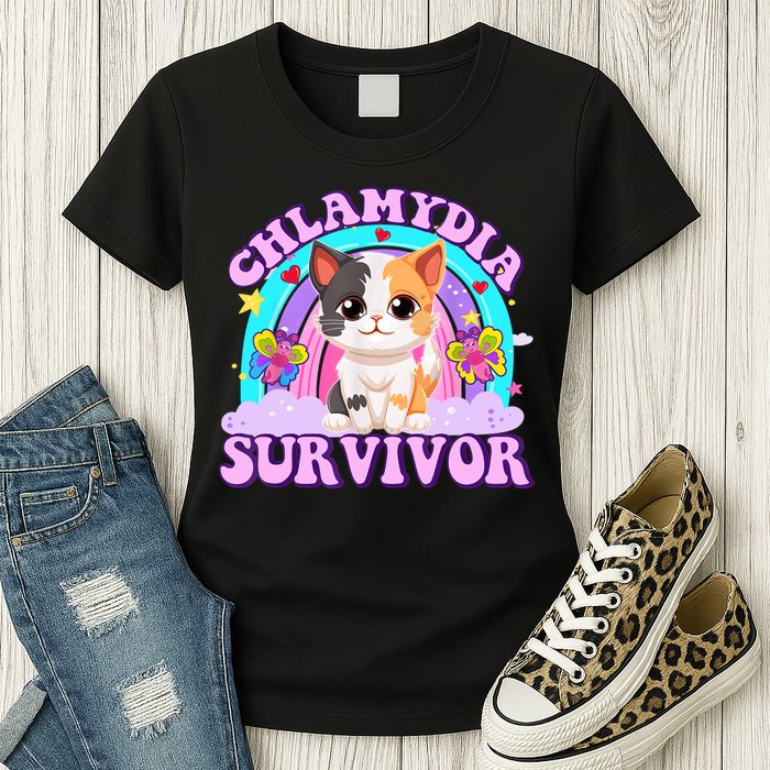 Chlamydia Survivor Funny Cat Sarcastic Inappropriate Womens T-Shirt
