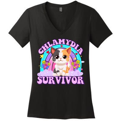 Chlamydia Survivor Funny Cat Sarcastic Inappropriate Women's V-Neck T-Shirt