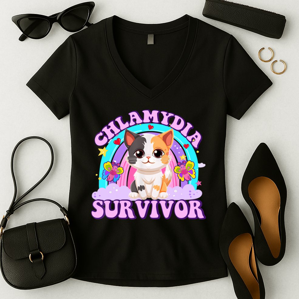 Chlamydia Survivor Funny Cat Sarcastic Inappropriate Women's V-Neck T-Shirt