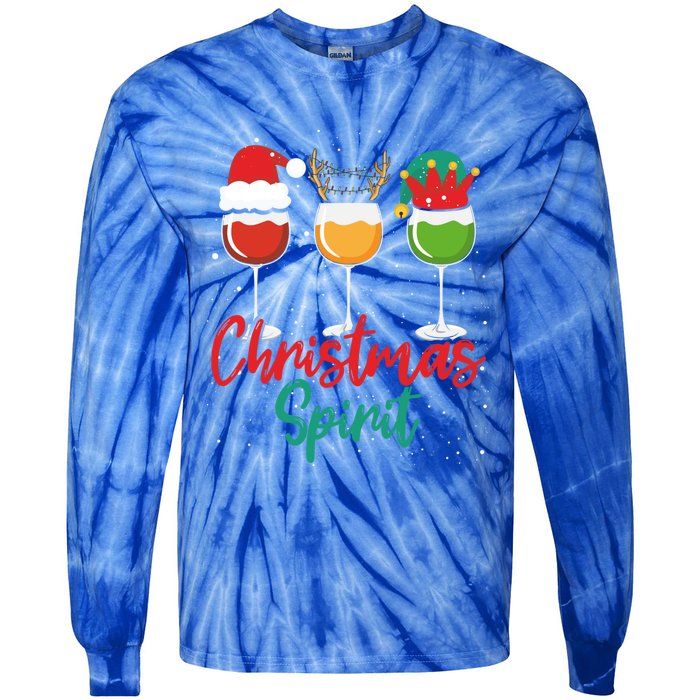 Christmas Spirits Funny Glasses Of Wine Santa Hat Reindeer Gift Tie-Dye Long Sleeve Shirt