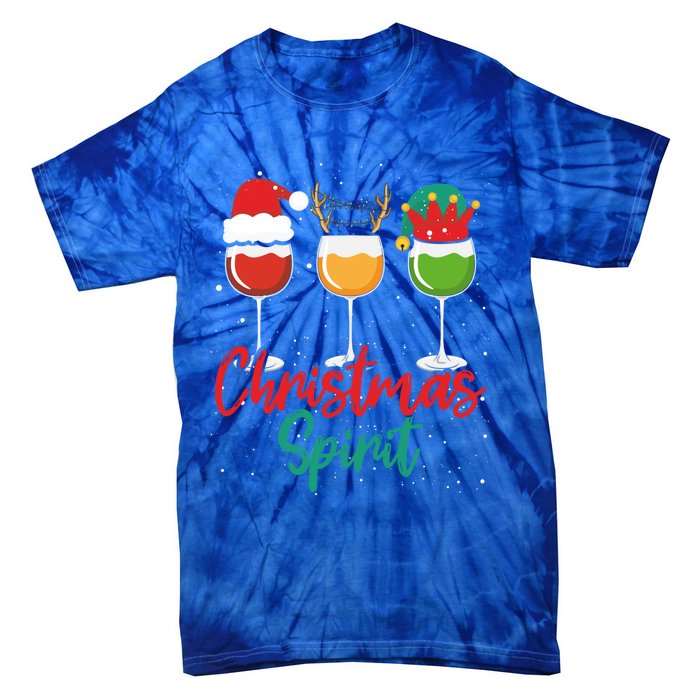 Christmas Spirits Funny Glasses Of Wine Santa Hat Reindeer Gift Tie-Dye T-Shirt