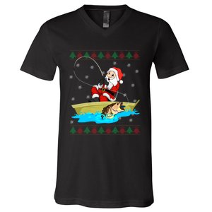 Christmas Santa Fisherman Funny Xmas Fishing Lovers Gift V-Neck T-Shirt