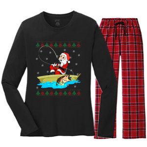 Christmas Santa Fisherman Funny Xmas Fishing Lovers Gift Women's Long Sleeve Flannel Pajama Set 