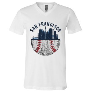 Cool San Francisco CA Skyline Baseball Fan City Downtown V-Neck T-Shirt