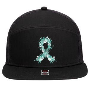 Cancer Survivor Gift Teal Ribbon Ovarian Cancer Awareness 7 Panel Mesh Trucker Snapback Hat