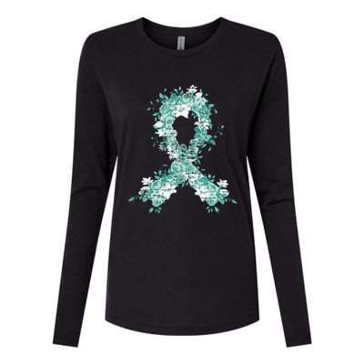 Cancer Survivor Gift Teal Ribbon Ovarian Cancer Awareness Womens Cotton Relaxed Long Sleeve T-Shirt