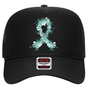 Cancer Survivor Gift Teal Ribbon Ovarian Cancer Awareness High Crown Mesh Back Trucker Hat