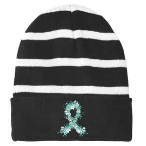 Cancer Survivor Gift Teal Ribbon Ovarian Cancer Awareness Striped Beanie with Solid Band