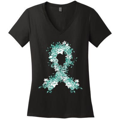 Cancer Survivor Gift Teal Ribbon Ovarian Cancer Awareness Women's V-Neck T-Shirt