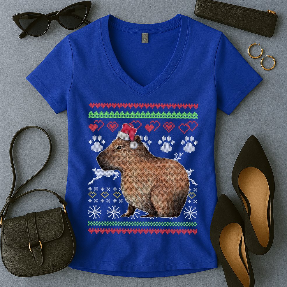 Capybara Santacool Giftclaus Ugly Christmas Sweater Holiday Lover Gift Women's V-Neck T-Shirt