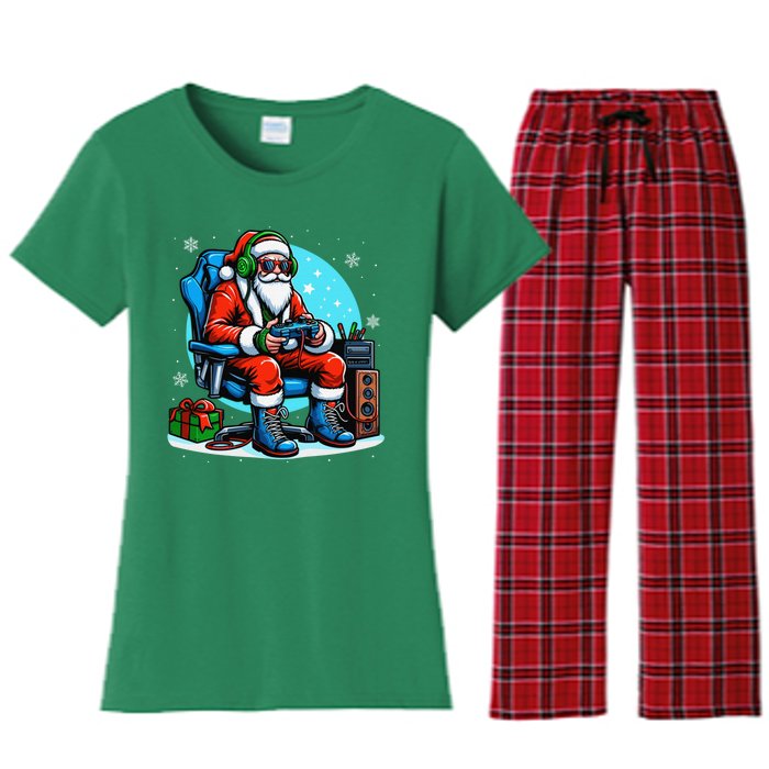 Christmas Santa Gamer Xmas Funny Video Gaming Christmas Women's Flannel Pajama Set